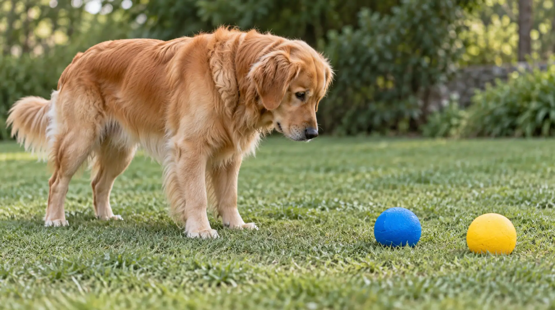 A dog looking at a blue ball and a yellow ball on a neutral-colored floor.