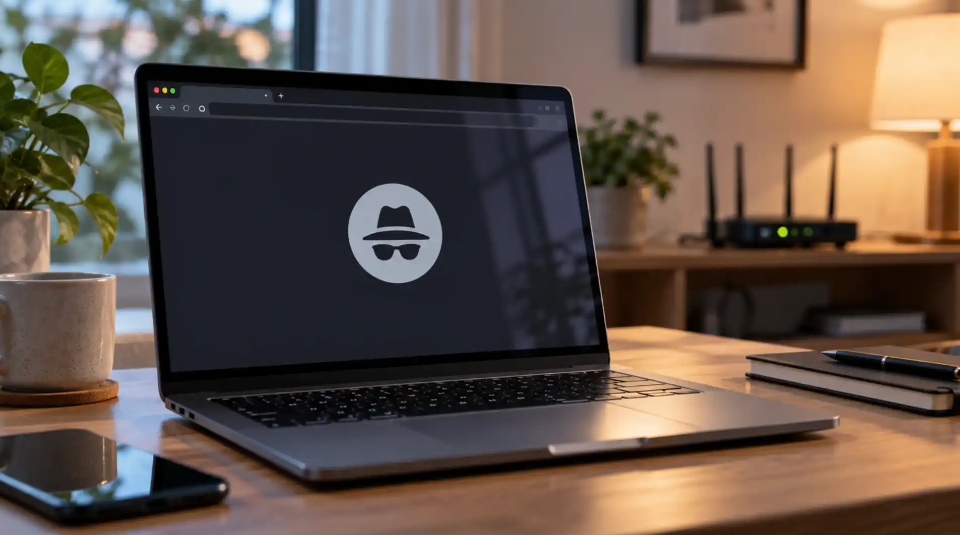 A laptop displaying an Incognito browsing window with a home router in the background.