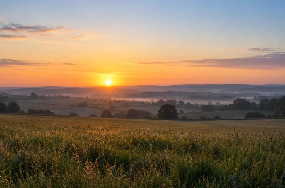 The Sun near the horizon above an open landscape.