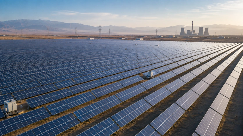 A large solar farm in China with power infrastructure visible in the distance.