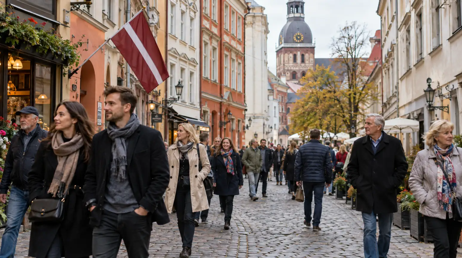 Adult men and women of different ages walking along a street in Riga.