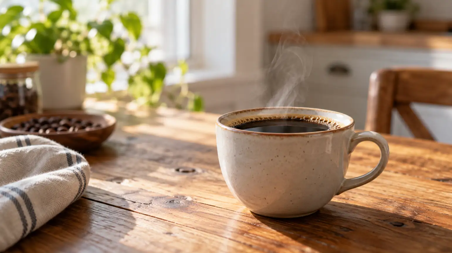 A cup of black coffee on a table in natural light.