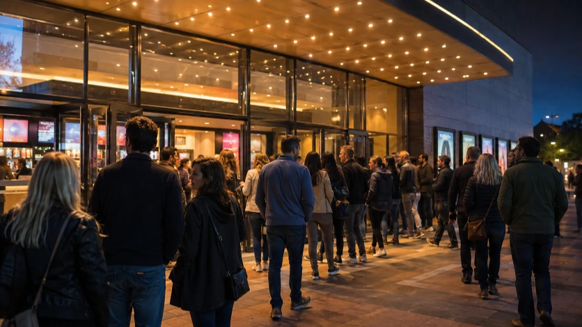 Moviegoers entering a modern cinema beneath illuminated theater marquees.