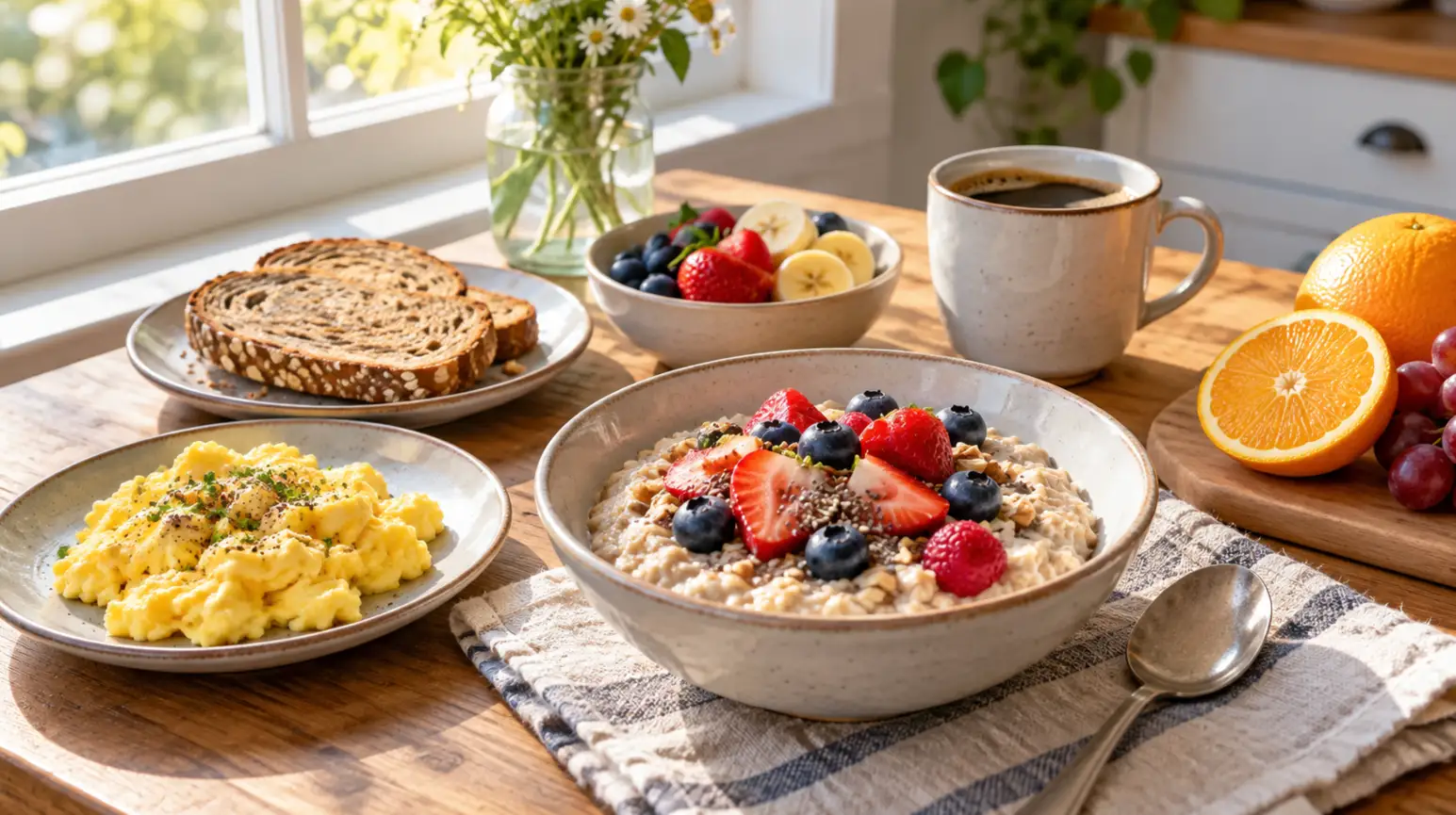 Breakfast table with oatmeal, fruit, eggs and bread beside a sunlit window.