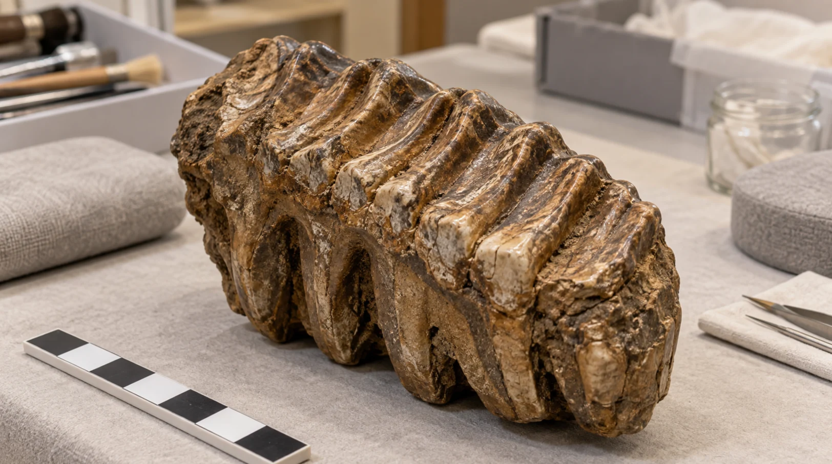 The fossilized Pacific mastodon molar discovered in a San Mateo County creek.