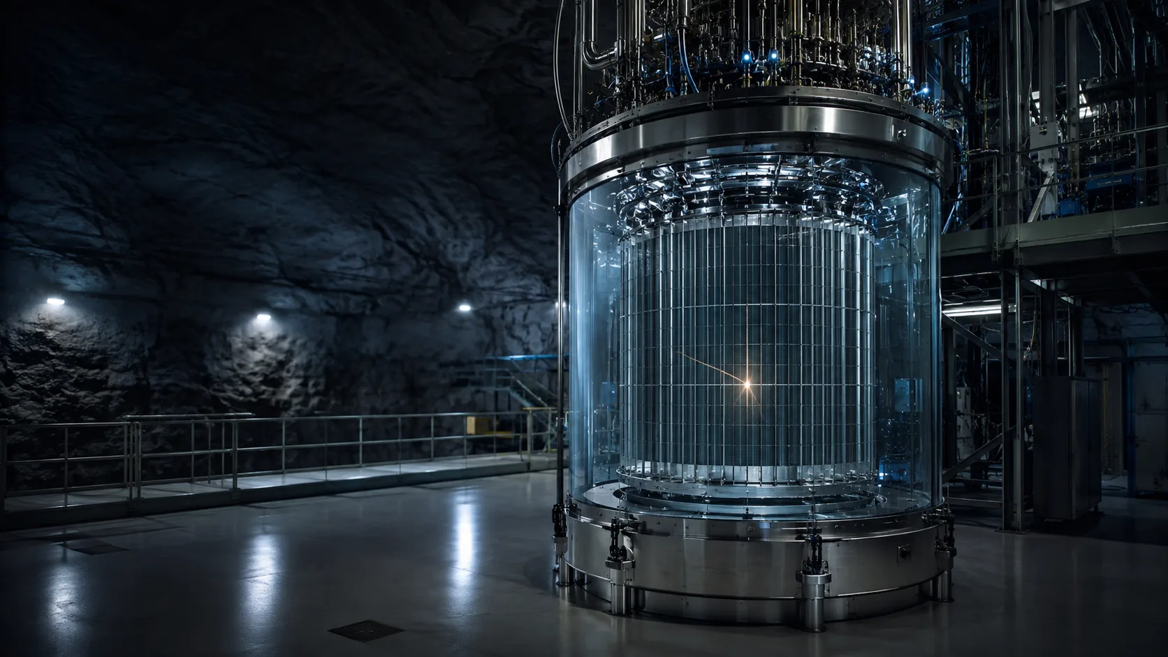 A scientist working beside the cylindrical LUX-ZEPLIN particle detector in an underground research facility.