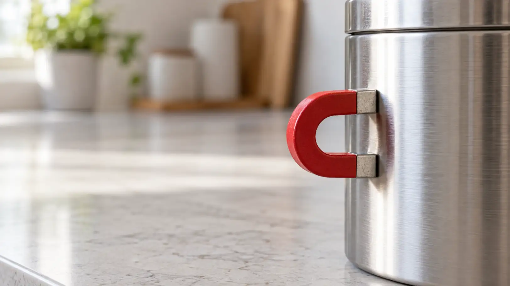 A small magnet attached to a labelled ferritic stainless steel sample.