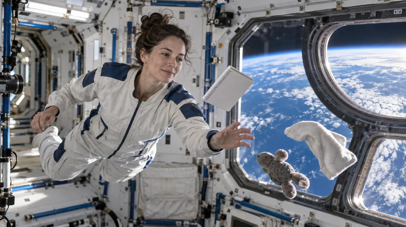 An astronaut floating inside a space station cabin with Earth visible through a window.