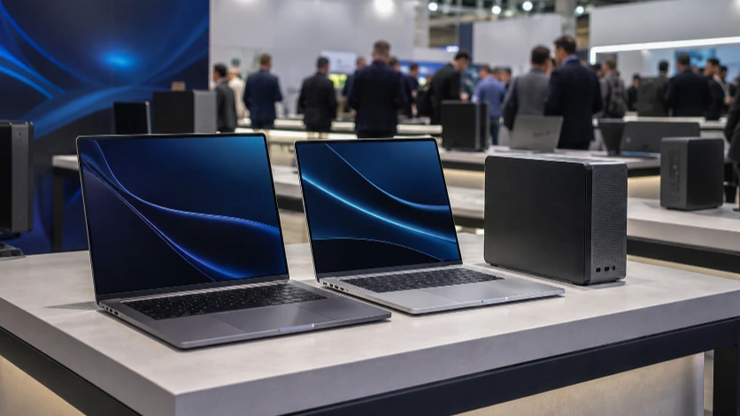 Suggested editorial photograph of a modern laptop and compact desktop computer displayed at a technology trade show.