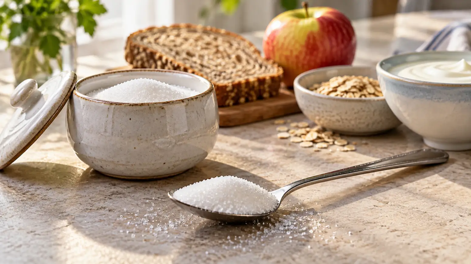 A spoonful of sugar beside a selection of everyday foods on a kitchen counter.