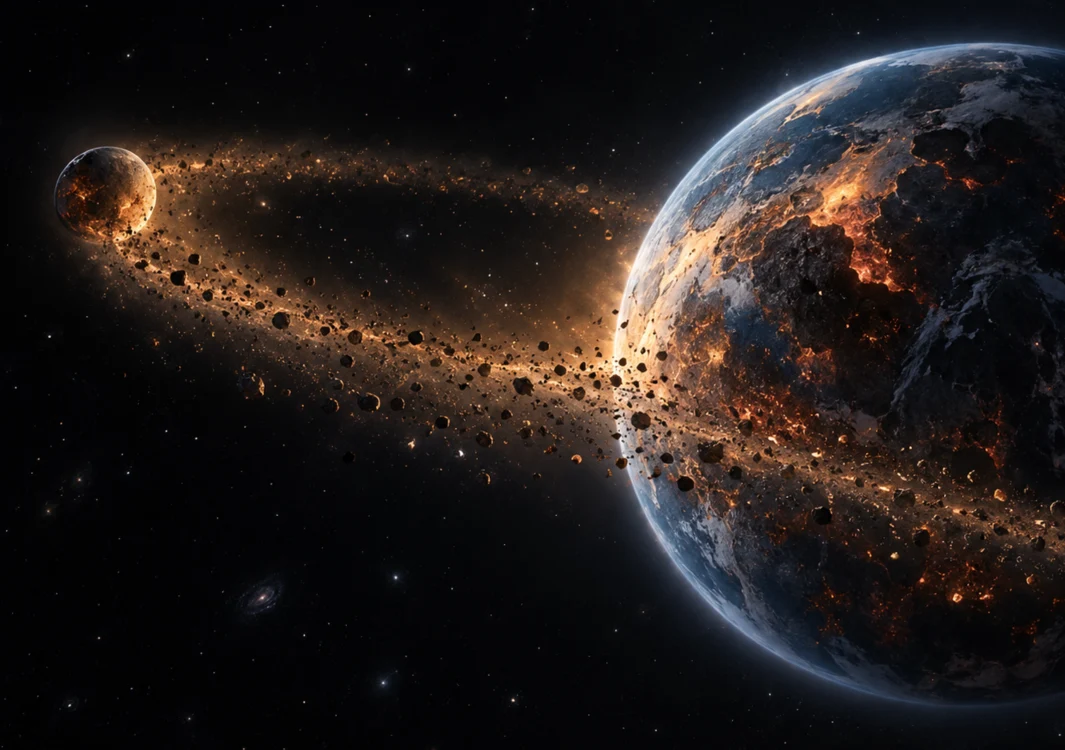 Conceptual illustration of the early Earth surrounded by glowing material after a giant impact.