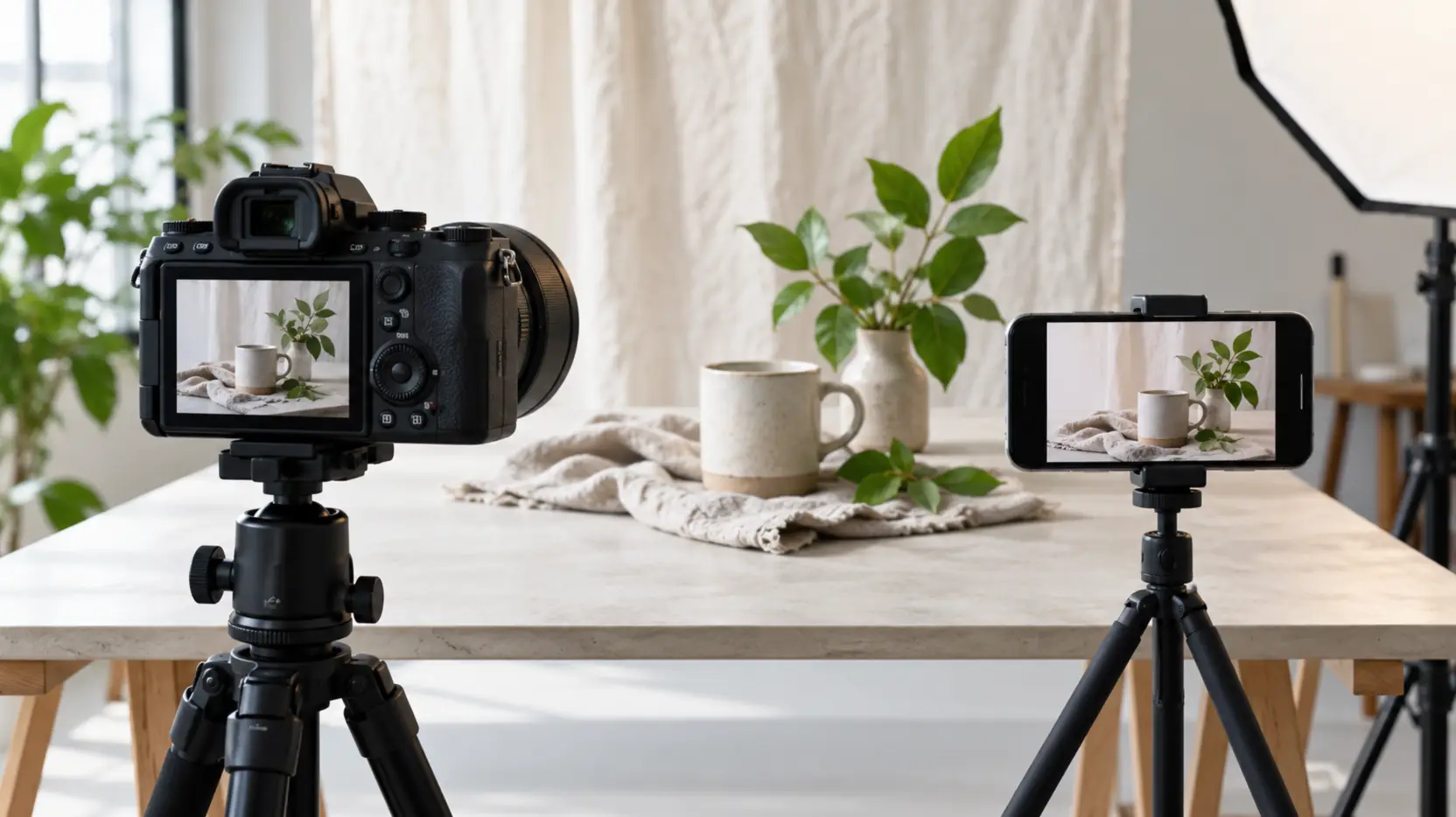 A digital camera and a smartphone aimed at the same tabletop still life.