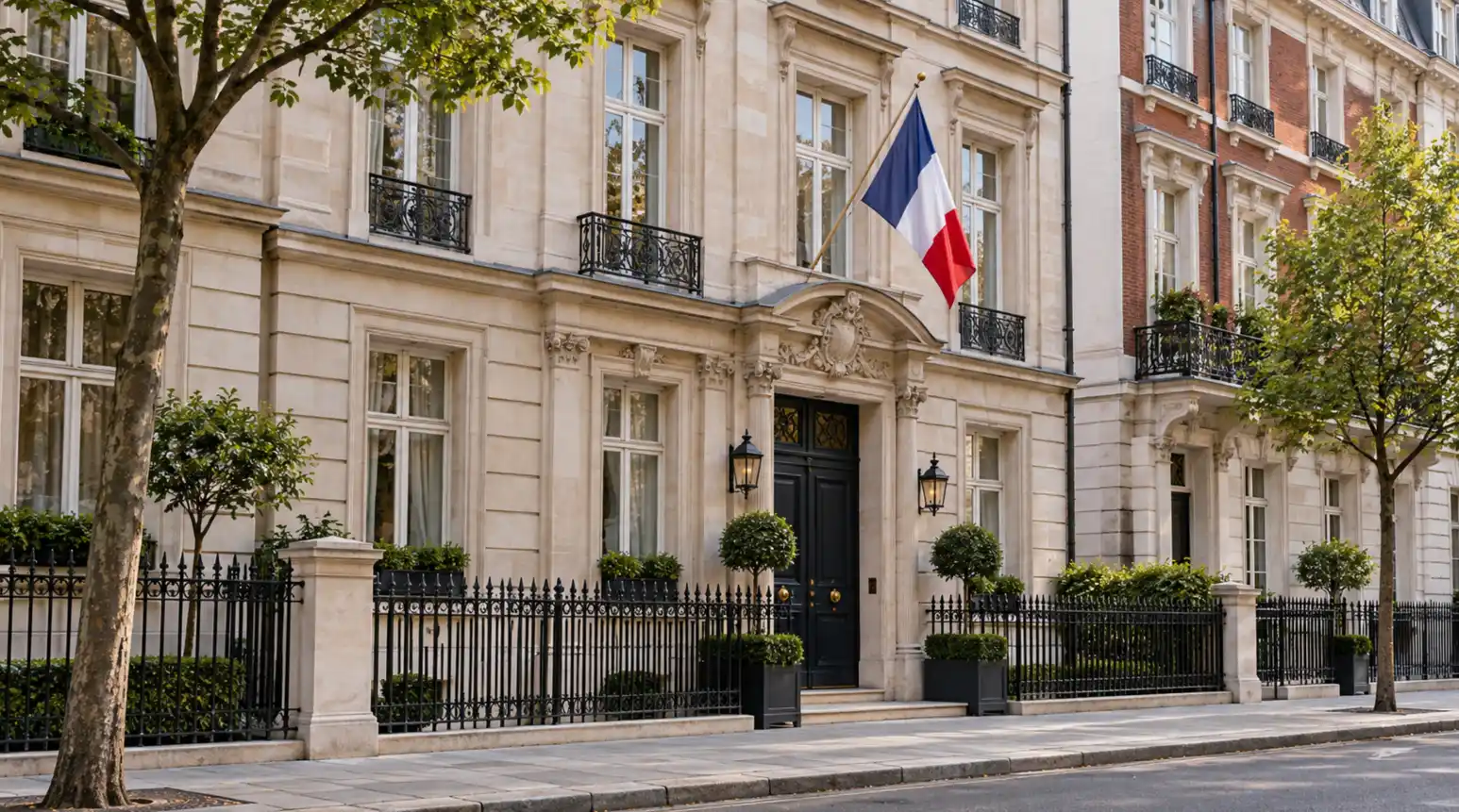 An embassy building and its national flag beside an ordinary street in the host city.