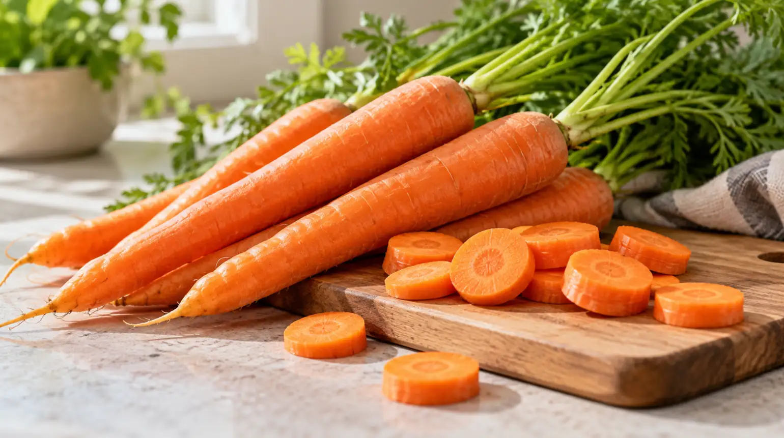 Whole and sliced orange carrots on a kitchen counter in natural light.