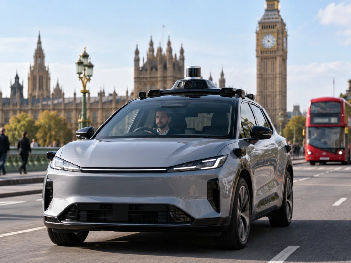 A Wayve-equipped electric vehicle operating on a London street with city traffic around it.