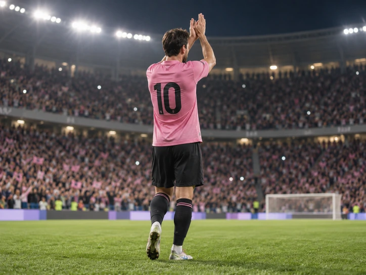 Lionel Messi playing in an Inter Miami match in a professional football stadium.