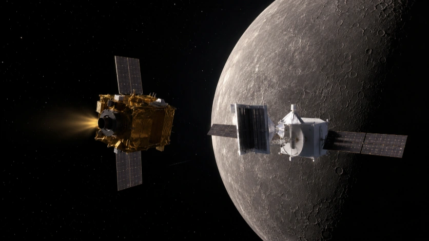 An artist's illustration of BepiColombo's transfer module separating from the joined Mercury orbiters in space.