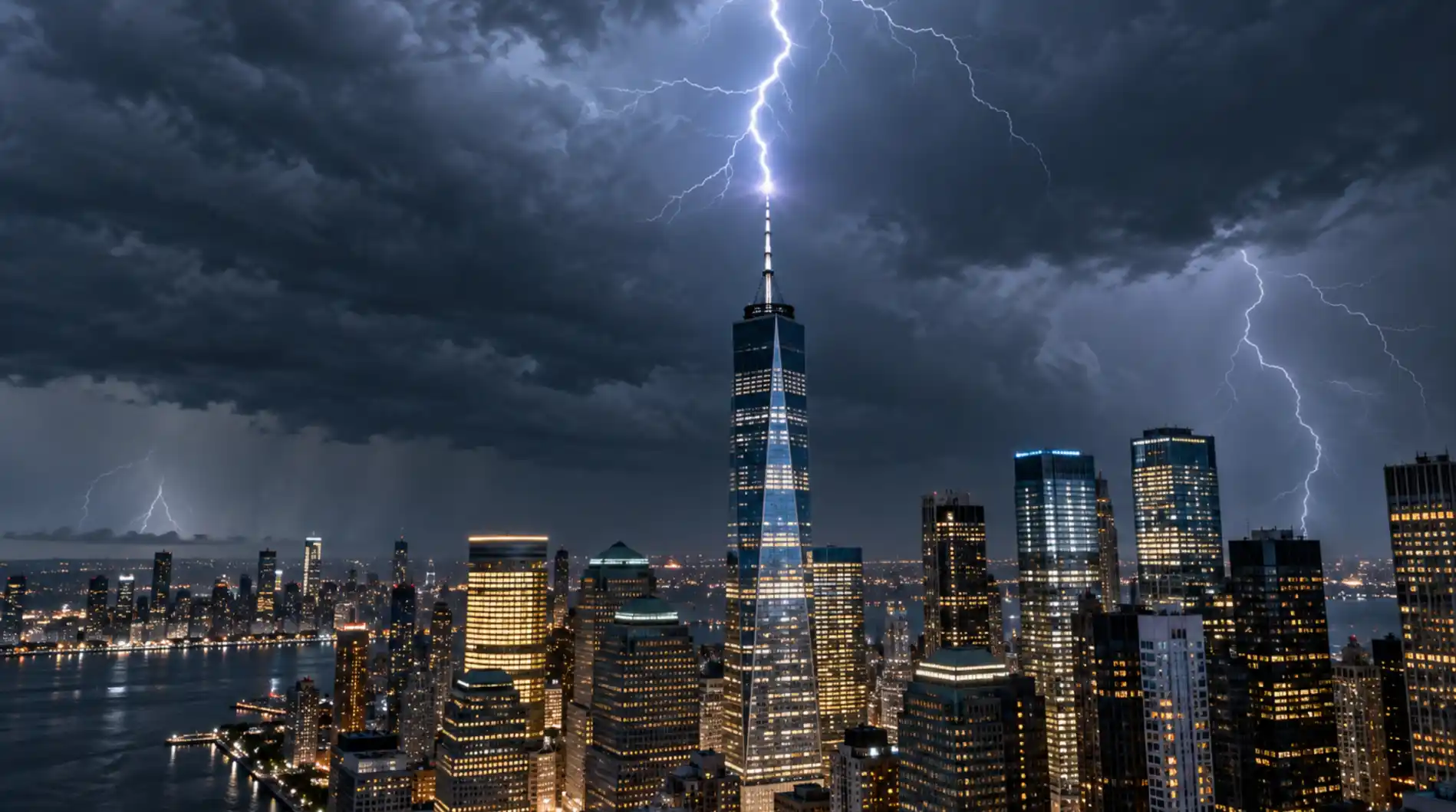 Lightning striking an antenna on a tall building beneath dark storm clouds.