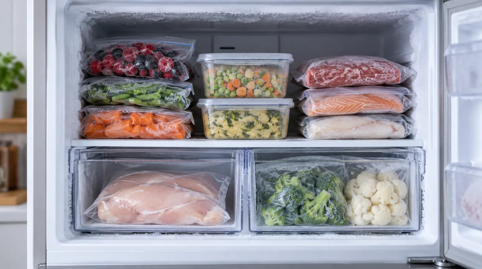 Sealed packages of food, including separately wrapped raw chicken, inside a household freezer.