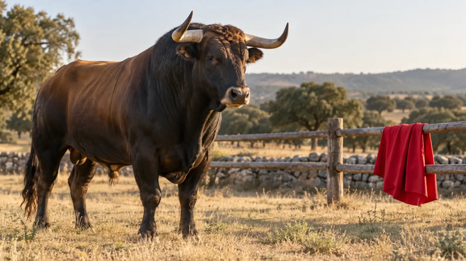 A bull standing in a field with a motionless red cloth draped over a fence in the background.