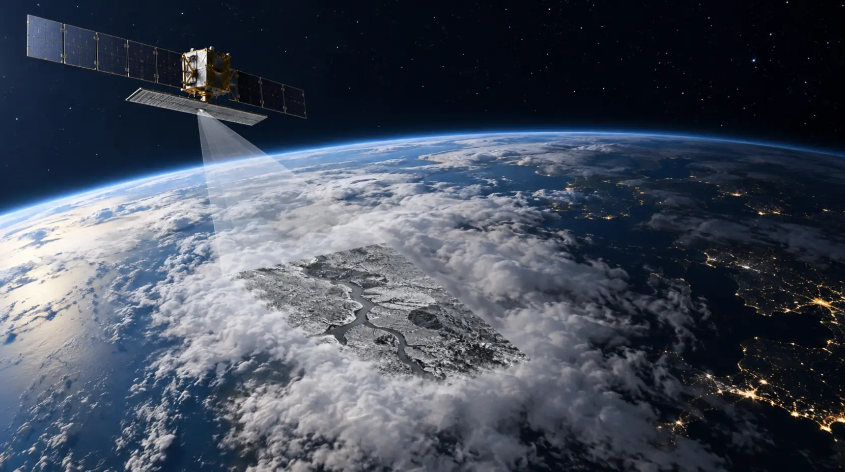 Conceptual illustration of an Earth-observing radar satellite above a cloud-covered part of Earth.