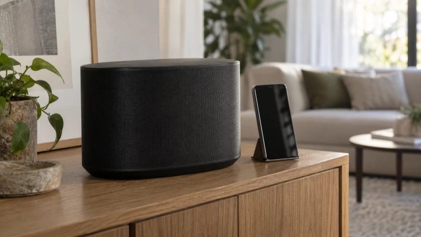 A wireless home speaker beside a smartphone on a living-room table.