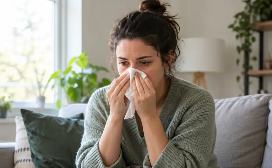 An adult holding a tissue on a sofa, with a tissue box on a nearby table.