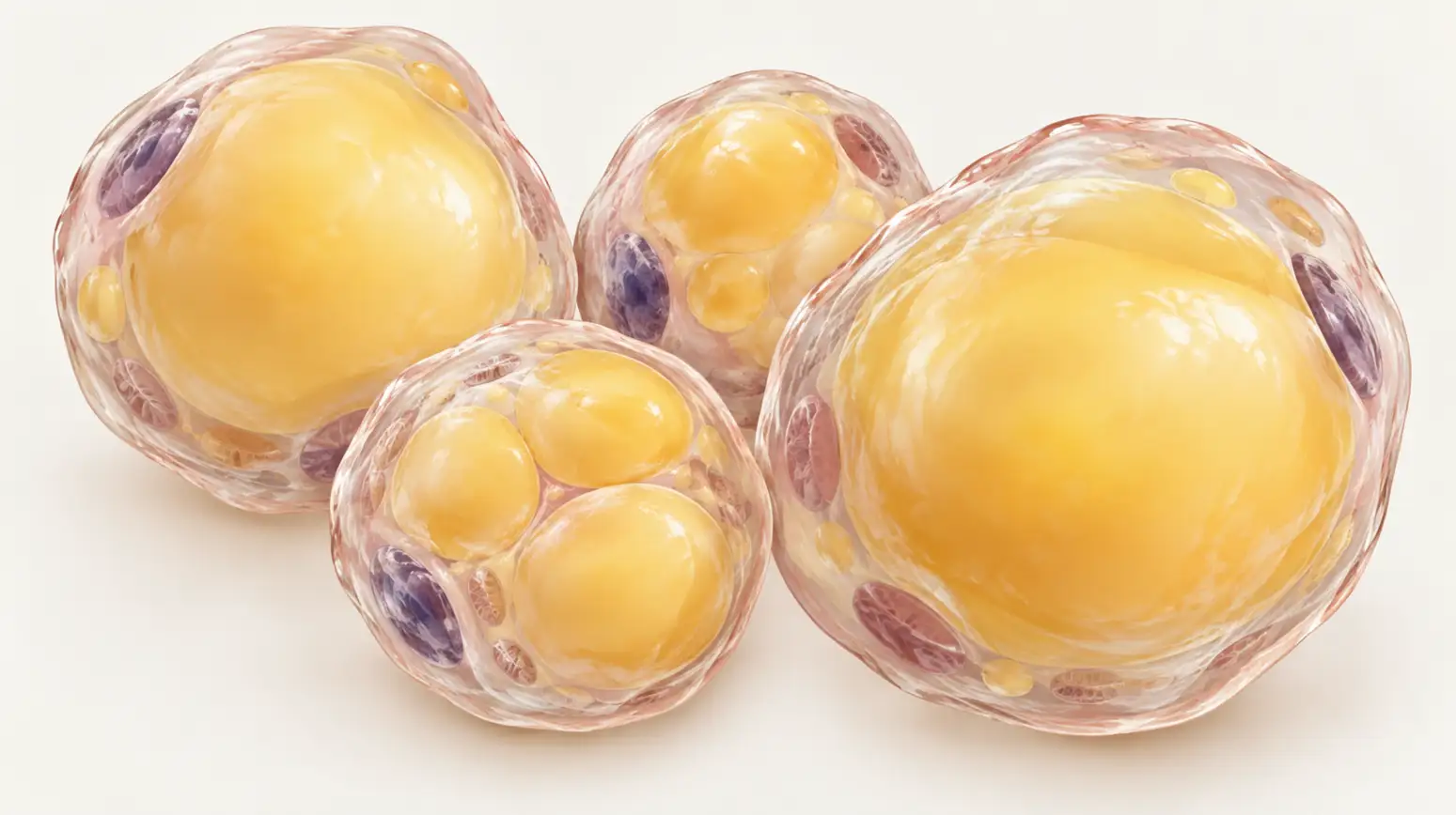 Scientific illustration of adipocytes containing lipid droplets of different sizes.