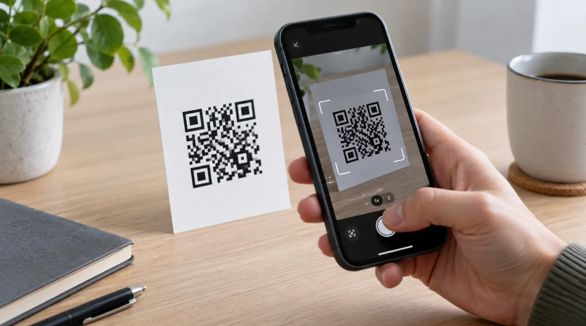 A smartphone camera pointed at a QR code printed on a card.