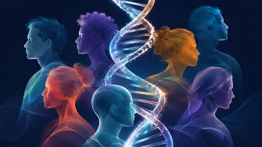 A neutral illustration combining a DNA strand with abstract personality profile shapes.