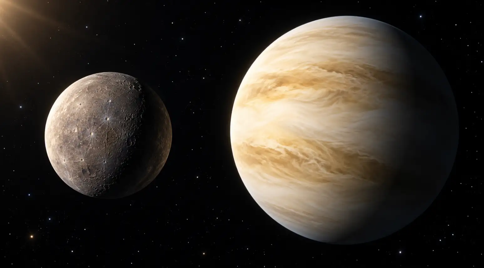 Illustration comparing Mercury's cratered surface with the cloud-covered planet Venus.