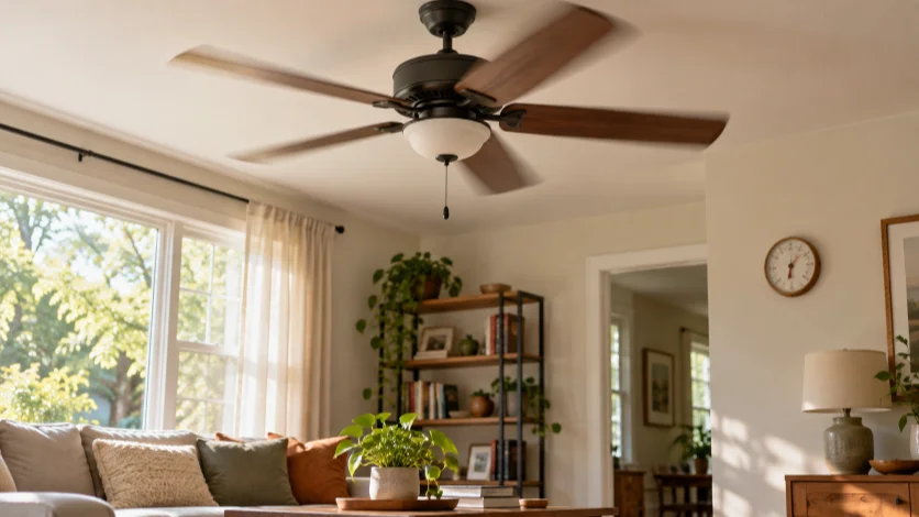 A ceiling fan above a living room seating area, with a thermometer on a nearby wall.