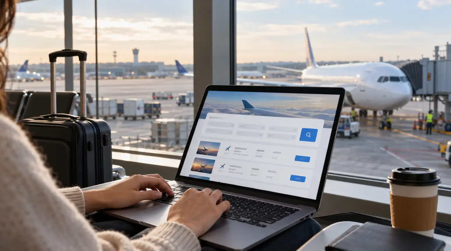 A traveler compares flights on a laptop beside an airport window overlooking an aircraft.