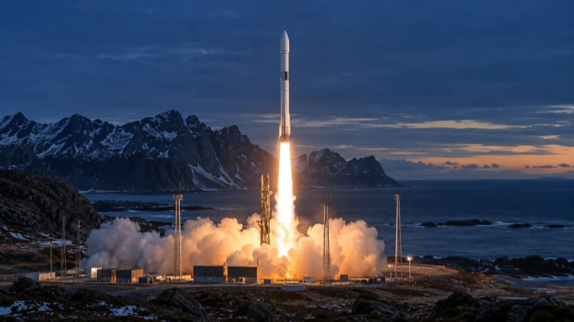 Spectrum rocket lifting off from a launch pad on the Norwegian coast.